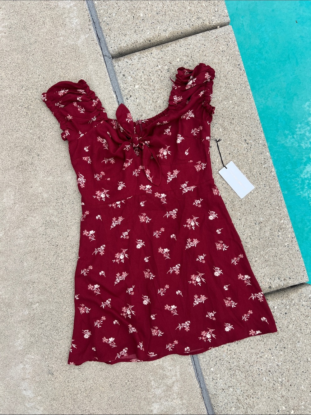 Red Burgundy Floral Tie-Front Mini Dress
